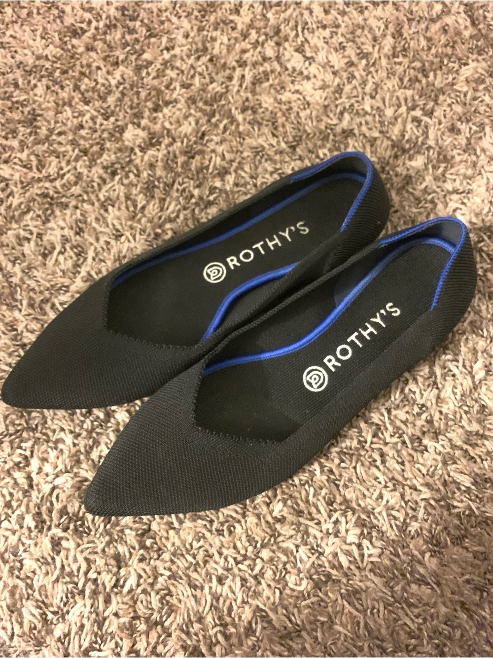 Rothy's Black Pointed Knit Slip-On Flats with Blue Trim
